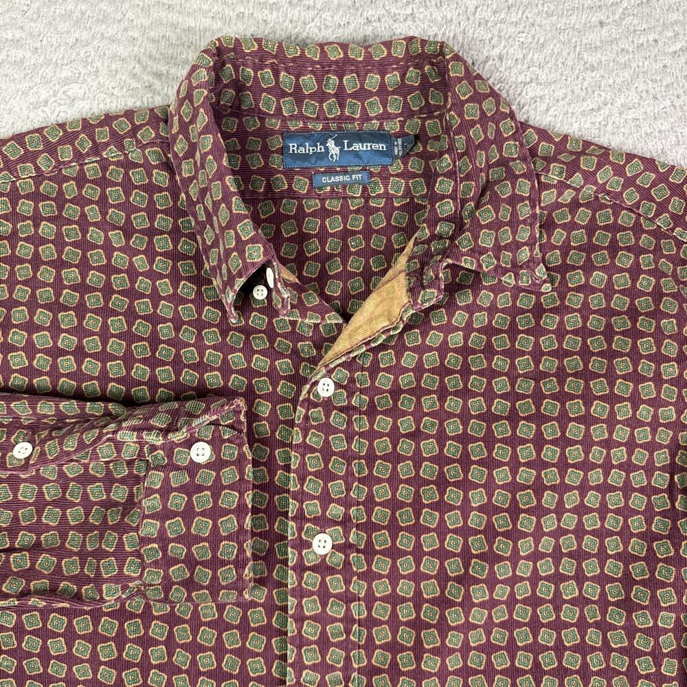 Polo Ralph Lauren Corduroy Shirt Mens L Purple Long Sleeve Button Geometric